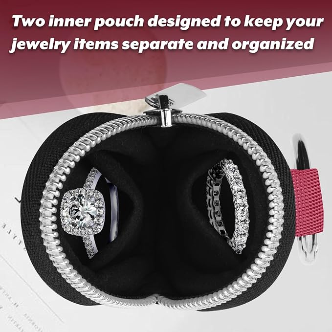 Portable Ring Organizer Case with Keychain, Traveling Ring Holder Storage Bag, Anti-Lost Keychain Container for Smart Rings, Jewelry (2, Burgundy)