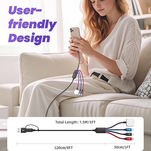Travel 4 in 2 Multi Charging Cable for iWatch Charger/iPhone 17/IP, Life Essentials Multiple Charger Cord for iWatch Ultra/SE/11-2, iPhone 17-11, Galaxy S25-21, iPad (2PACK 5FT)