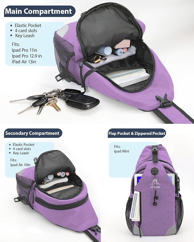 Sling Backpack for Women & Men, Crossbody Travel Bag with Water Bottle Holders, 17 Pockets, Quick-Access Phone Pocket, Hidden Security Pocket, Fits 11" Tablet, for Daily Carry, Travel, Theme Parks