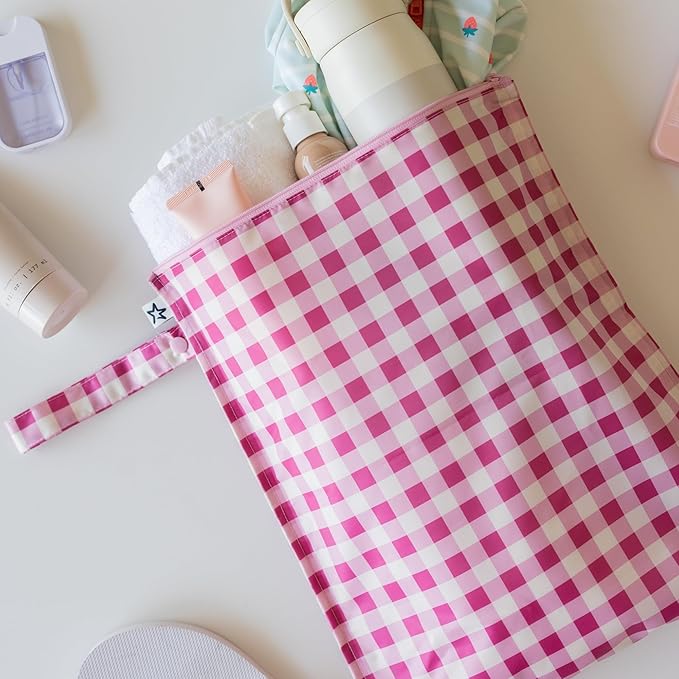 Tiny Twinkle Mess Proof Wet Bags | 2-Pack Reusable Waterproof Wet Bags for Swimsuits | Baby Clothes | Travel & Diaper Bag (Strawberries,Raspberry Gingham)