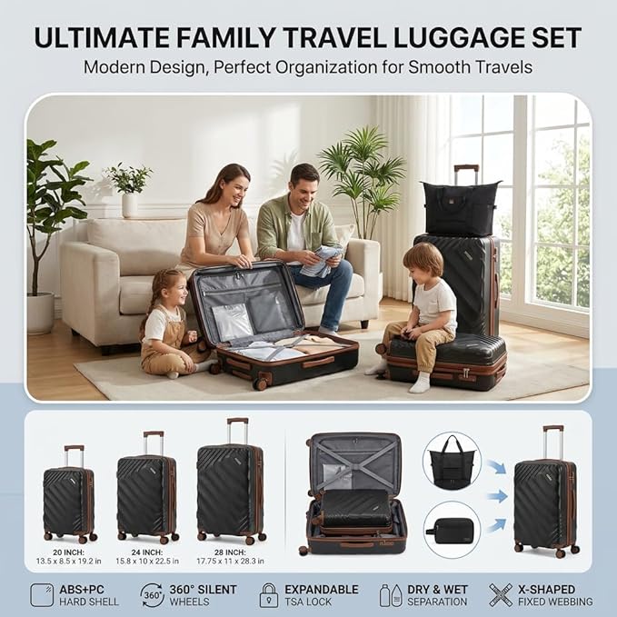 Rosamo 5 Piece Luggage Set Expandable Hardside, 20/24/28in Suitcases with Matching Travel Bags, 22x14x9 Airline Approved Carry On, TSA Lock, Spinner Wheels, ABS+PC