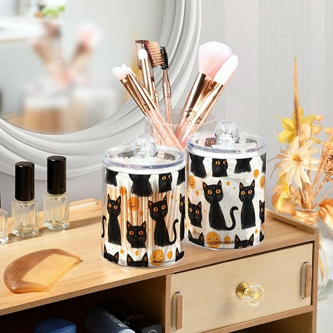 2 Pack Qtip Holder Organizer Dispenser Black Cats Halloween Bathroom Storage Canister Cotton Ball Holder Container for Cotton Pads/Swabs/Floss