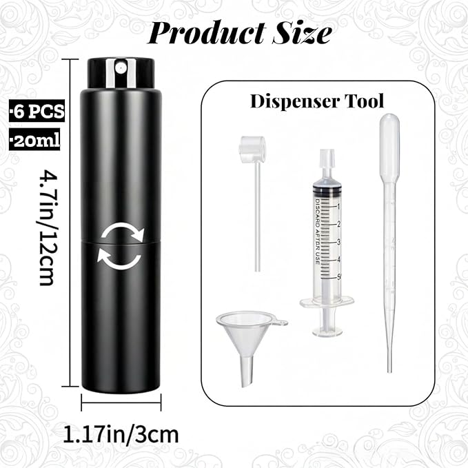 6 Pack 20ml Cologne Travel Bottle, Refillable Perfume Atomizer, Leakproof Travel Perfume Spray Bottle with Dispenser Tool, Empty Portable Fragrance Sprayer for Man, Woman, Black