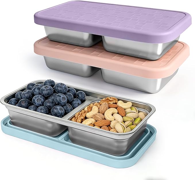 3 Pack Stainless Steel Snack Containers for Kids, Reusable Snack Containers with Silicone Lids, 2 Compartment Toddler Snack Containers for Daycare, School Lunch and Travel, 15 oz