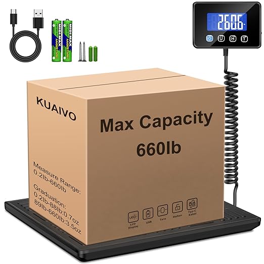 KUAIVO Shipping Scale, 660lbs Heavy Duty Digital Luggage Scale for Packages, 0.35oz High Accurate Postage Scale for Small Business, Warehouse, Home Use, Battery & Charging Cable Include