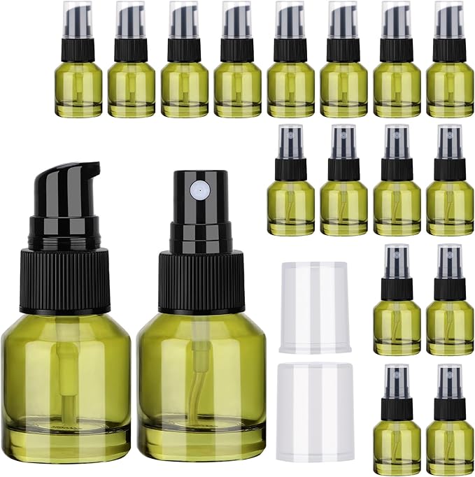 Segbeauty 18pcs 0.5oz Glass Liquid Travel Containers of 9pcs Lotion Pump Bottle Dispenser, 9pcs Empty Spray Bottle, 15ml Refillable Mini Travel Bottles for Cosmetics, Small Pump Container for Liquids