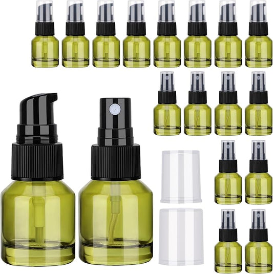 Segbeauty 18pcs 0.5oz Glass Liquid Travel Containers of 9pcs Lotion Pump Bottle Dispenser, 9pcs Empty Spray Bottle, 15ml Refillable Mini Travel Bottles for Cosmetics, Small Pump Container for Liquids
