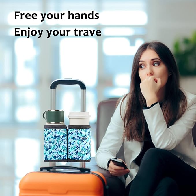 riemot Drink Caddy for Luggage Travel Cup Holder Free Hand - Hold Two Coffee Mugs - Fits Roll on Most Suitcase Handles - Gifts for Flight Attendants &Frequent Travelers Accessories Blue