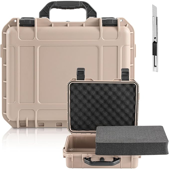 Relaxweex 1 Pcs Waterproof Hard Case with DIY Customizable Foam Insert Portable Protective Case with Knife for Camera Drones Equipments Tools Test Instruments(Tan,14.3 x 11.4 x 4.5 Inch)