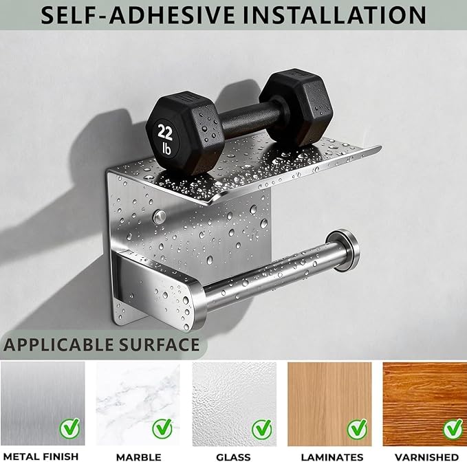 Toilet Paper Holder with Shelf, Heavy-Duty Stainless Steel Bathroom Hardware, Self-Adhesive No-Drill/Drill-Mount Wall-Mounted Roll Holder, Rust-Proof Bathroom Tissue Rack (Chrome)