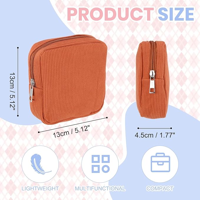 uxcell Period Bag for Teen Girls Women, Portable Corduroy Sanitary Towel Compact Cute Pouch with Zippers, Small Pouch Napkin Storage Pads Holder for Travel, Daily Use, Purse, Brown