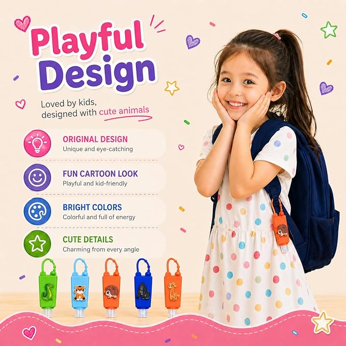 5-Pack Cartoon Kids Hand Sanitizer Holder, 30ml Travel Size Refillable Bottles with Silicone Case, Leak-Proof Portable Containers for Lotion & Liquid Soap (Animal Friends)