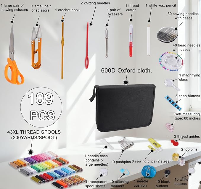 StiVerse 189 Pcs Sewing Kit for Adults, Beginners, 43 Color Needle and Thread kit, Mom Grandma Women Professional Sewing, Supplies Accessories for Travel Worker, Emergency, DIY and Home