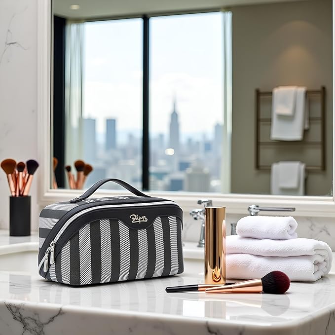 BOYATU Travel Makeup Bag Cosmetic Bag for Women: 3 Pcs Set Striped Make up Bag with Compartments - Waterproof Vegan Leather Toiletry Bag with Handle - Makeup Organizer for Travel Essentials(A-4-Black)