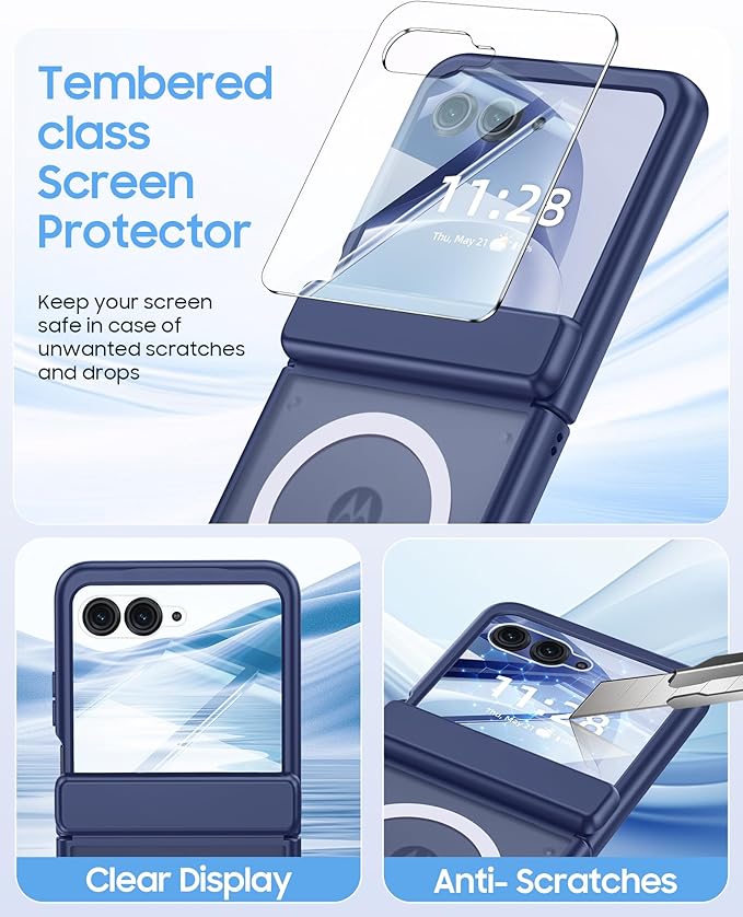 Magnetic for Motorola Razr 2026 Case with Hinge Protection, Screen Protector, Compatible with MagSafe,Skin Feel Translucent Frosted, Shockproof Slim Cover for Moto Razr 2026-Blue