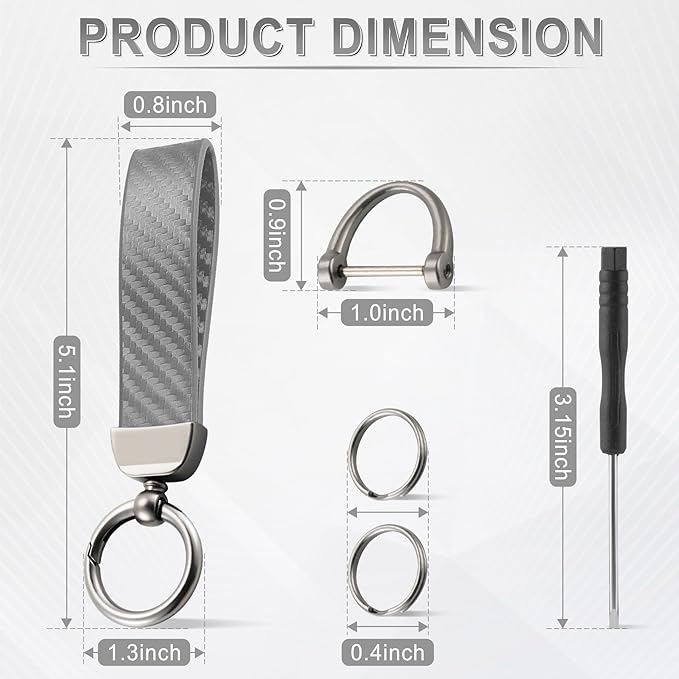 JUSTTOP Leather Keychain, Carbon Fiber Car Key Chain with Anti-Lost D-Ring and 2 Key Ring, Keychain Wristlet, Car Accessories, Universal Keychain for Men and Women (Grey)