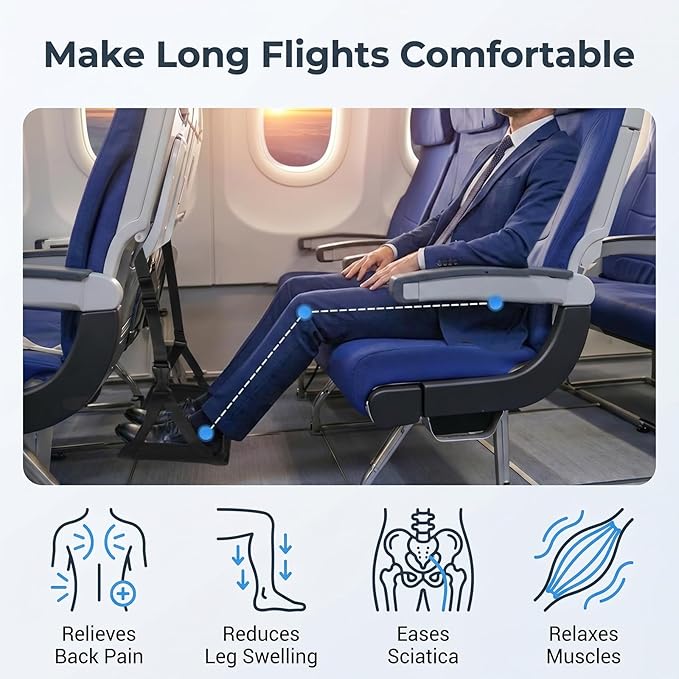 Airplane Foot Rest Hammock, Adjustable Thick Board Foot Support, Portable Travel Footrest for Long Flights, Office Desk & Car Use (Black)