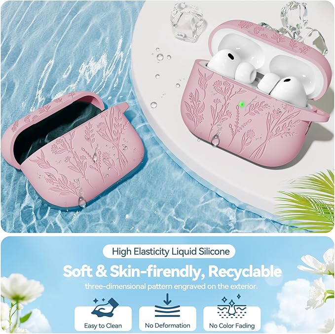 Ekoonpft for Airpods Pro 3 Case, Flower Engraved Cases for Apple AirPods Pro 3rd Generation 2025, Soft Silicone Cover for Men Women Girly with Cleaning Kit & Keychain, Anti-Scratch, Shockproof