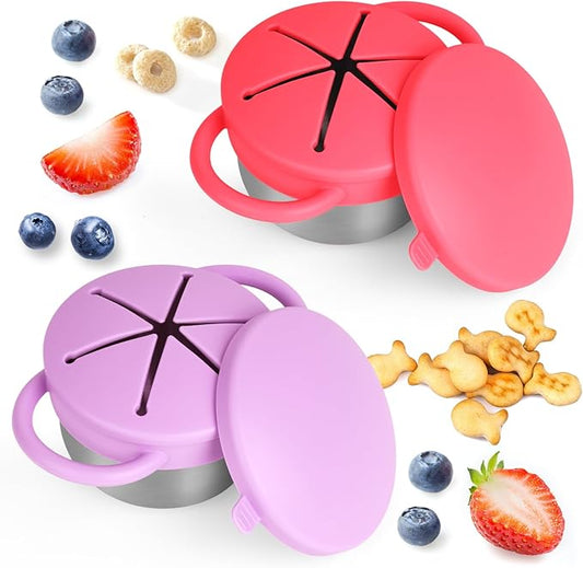 Daximo 2 Pack Snack Cups for Toddlers Spill Proof - Detachable Stainless Steel Toddler Snack Cups with Silicone Lids & Handles - Dishwasher Safe Snack Container(Red and Purple)