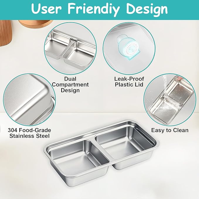 4Pcs 304 Stainless Steel Snack Containers, 2 Compartments Portable Food Storage Bento Boxes with Lids, Divided Meal Prep Lunch Box Food Container Dishwasher Safe