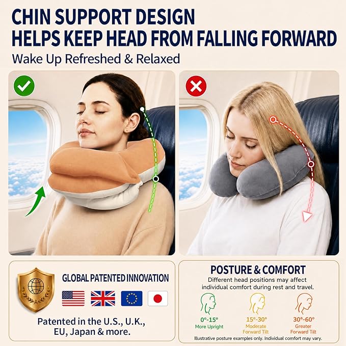 BUYUE Travel Neck Pillows for Airplanes, Memory Foam 360° Head Support Sleep for Long Flight, Skin-Friendly & Breathable, Kit with Eye Mask, Earplugs and Storage Bag (Adult, Orange, 90+ lbs)