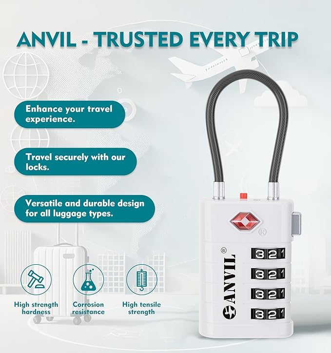 ANVIL TSA Approved Luggage Locks with Search Alert Indicator, 4-Digit Combination Suitcase Lock, Advanced TSA008 Core Heavy Duty Anti-Theft Travel Lock for Double Zippers, Backpacks