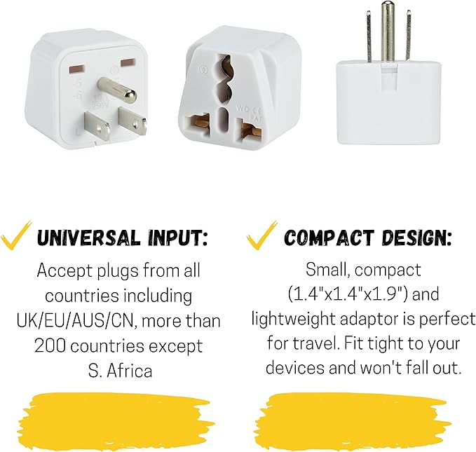 Bates- Universal Travel Plug Adapter, 4 Pack, Converts EU/UK/AU/Asia Plugs to USA Outlet, Europe to US Plug Adapter, UK to US Outlet, Compact Design for Home, Office