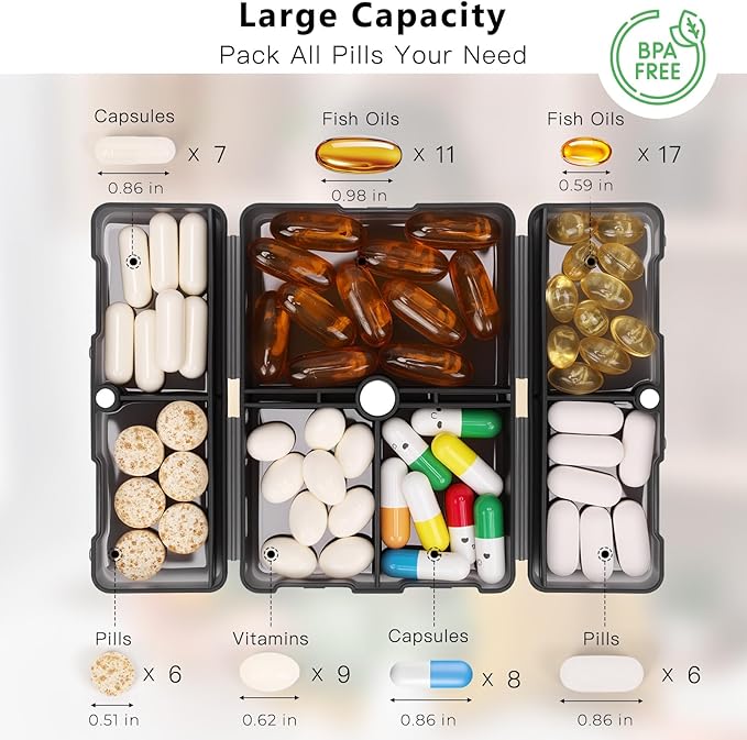 FYY Daily Pill Organizer,2 Pcs 7 Compartments Portable Pill Case Travel Pill Organizer,[Folding Design] Pill Box for Purse Pocket to Hold Vitamins,Cod Liver Oil,Supplements and Medication-Clear Black