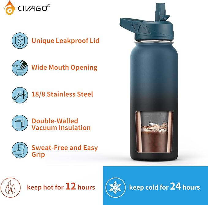 CIVAGO 64 oz Insulated Water Bottle With Straw, Half Gallon Stainless Steel Sports Water Flask Jug with 3 Lids (Straw, Spout and Handle Lid), Large Metal Thermal Cup Mug, Cream