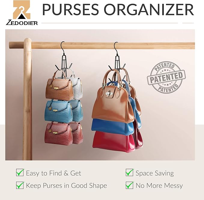 ZEDODIER 4 Pack Purse Organizer for Closet, Heavy-Duty Hanging Purse Hanger Closet Holds Up to 24 Purses, Metal Rotating Space Saving Bag Holder Handbag Storage Hook Backpack Rack, Black