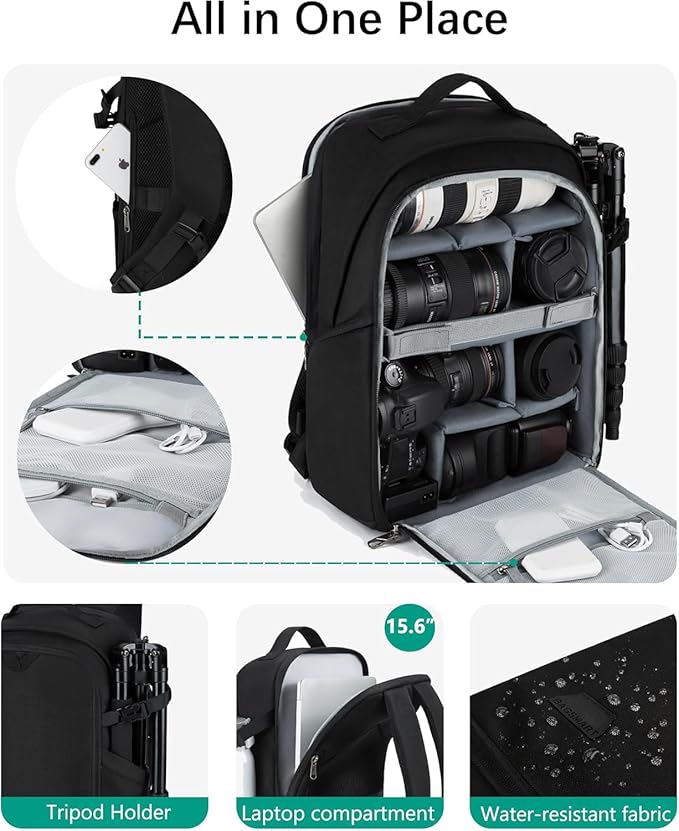 BAGSMART Camera Bag, DSLR SLR Camera Backpack Fits up to 15.6" Laptop, Camera Case for Photographers with Waterproof Rain Cover, Tripod Holder, Black