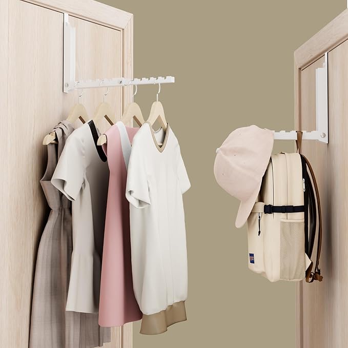 BAKON Over the Door Hooks with 10 Ridges,Compact Double Folding Over the Door Hanger for Bathroom Bedroom Laundry Room,Metal Over Door Drying Rack, Space Saving Over the Door Clothes Hanger(1, White)