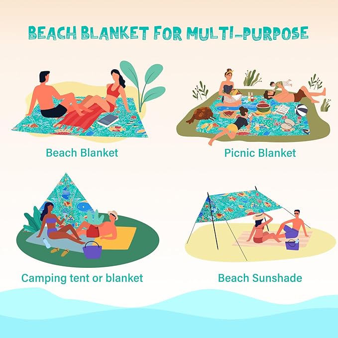 Aroveea Beach Blanket Waterproof Sandproof 1-7 Adult Oversized 78''X81''/10'X9' Lightweight Durable Compact Sand Free Beach Mat for Travel Camping Hiking Picnic Blanket
