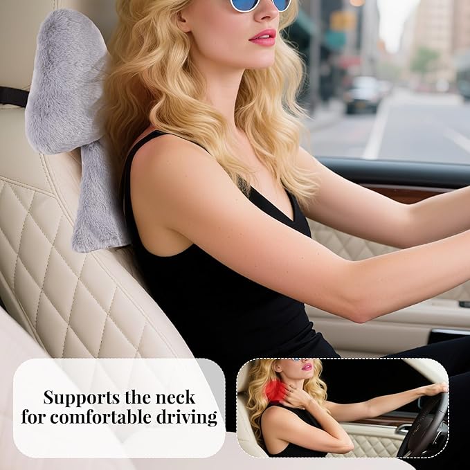 Bow Car Headrest Pillows Plush Car Neck Pillows for Travel Driving Office Chair Head Support Cushions, Also Cute Car Decor Accessories (2PCS Grey)