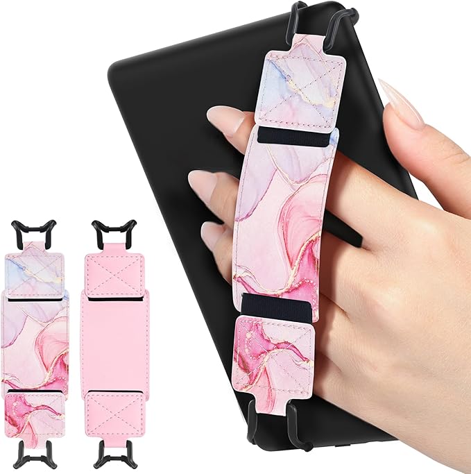 MoKo 2 Pack Security Hand Strap for 6-8" eReaders Fire Tablet -Kindle/Kobo/Voyaga/Lenovo/Sony E-Book Tablet, High-Elasticity Versatile Hand Strap Lightweight Finger Grip Holder, Pink+Marble Pink