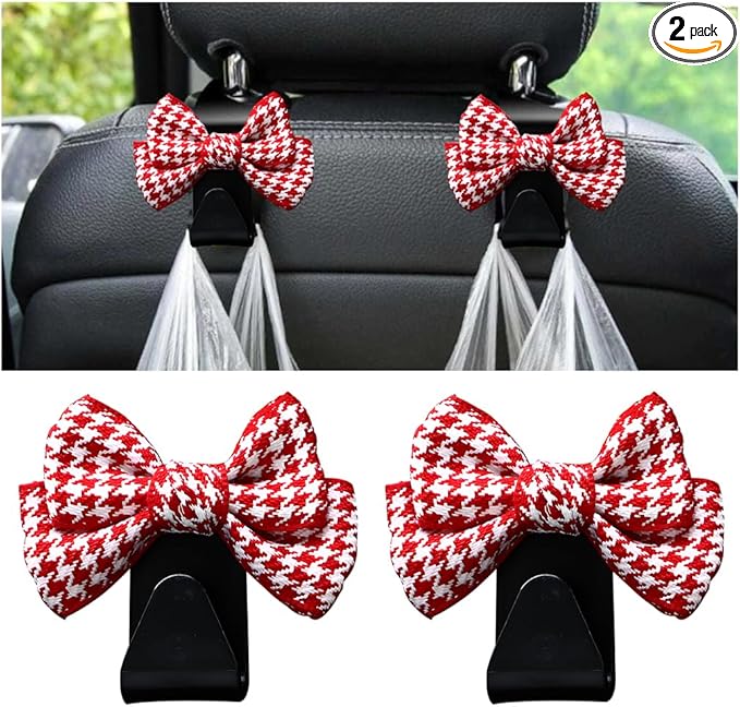 Mandark 2PCS Car Seat Headrest Hooks, Cute Bow Vehicle Hooks for Purses and Bags, Automotive Purse Hook Hanger Interior Decoration Accessories, Universal for SUV, Sedan, Truck (Red/Small)