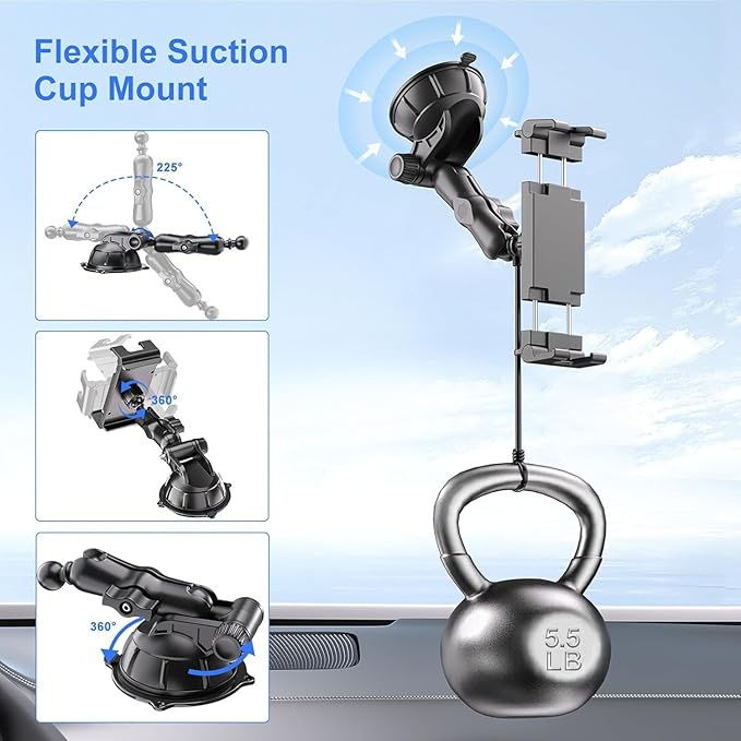 PLDHPRO Tablet Holder for Car Dashboard & Windshield, Universal iPad Car Mount Suction Cup Stand for 5.5" - 14.6" Phones & Tablets Compatible with iPhone 17/16/15, iPad, Galaxy Tab - 5.5-14.6 inch