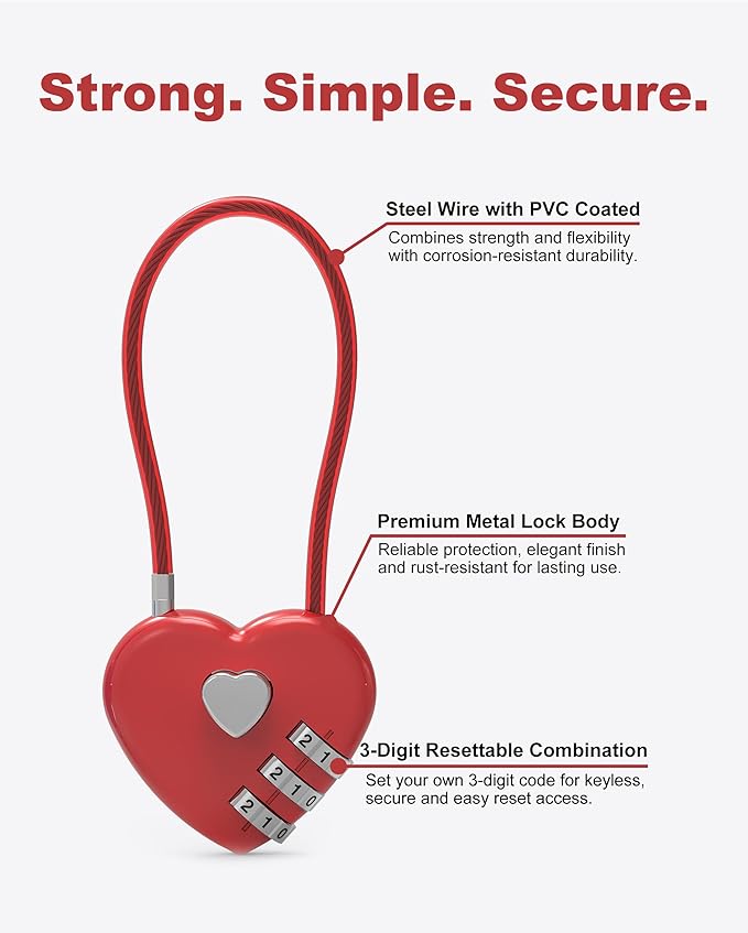 Small Combination Padlock, Cable Locks with Combination, Cute Padlock with Number, Combo Cable Lock for Luggage, Suitcase, Gym Locker, Backpack Zipper, Bag, Toolbox, Helmet, Travel Safe