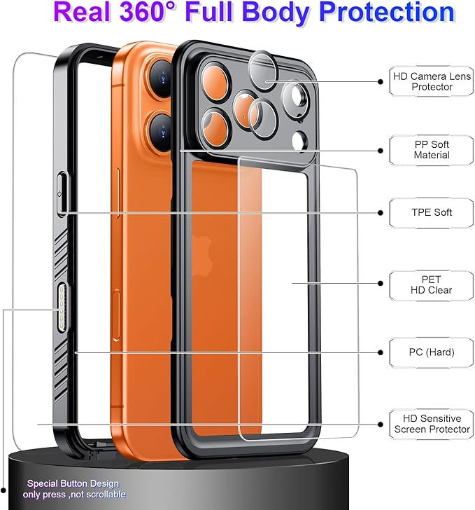 Compatible with iPhone 17 Pro Max Case,Waterproof Built-in Screen & Camera Protector IP68 Underwater Full Body 17FT Military Dropproof Shockproof Phone Case 6.9"-Black/Clear