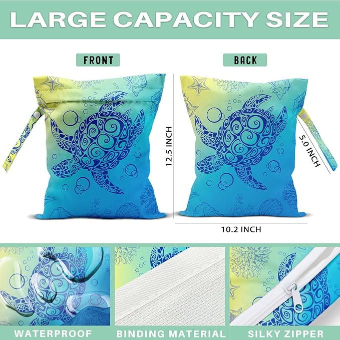 2-Pack Reusable Waterproof Wet Bags, Sea Turtle & Ocean Pattern Wet Dry Bag, Leak Proof Storage Pouch for Swimsuit Baby Clothes Travel Diaper Bag
