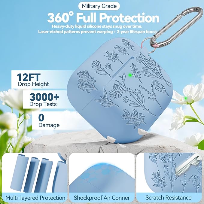 for Airpods 4 Case, Ekoonpft Flower Engraved Cases for Apple AirPods 4th Generation 2024, Soft Silicone Cover for Women Girly with 3-in-1 Cleaner Kit, Keychain, Military Grade Protection
