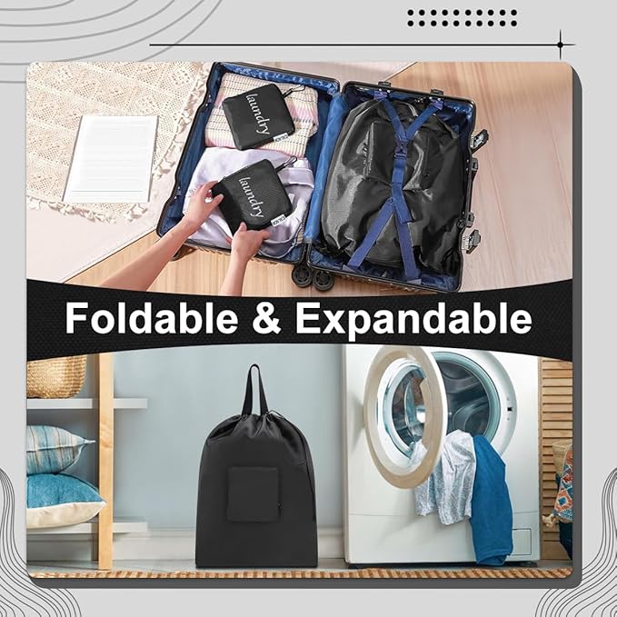 Travel Laundry bags, Dirty Clothes Travel Bag with Handles, Portable Small laundry Sack for Travelling, Suitcase, Gym, Camping (Black | 1 Pack)