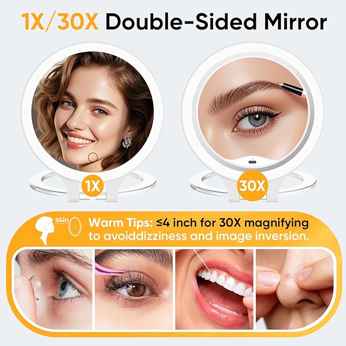 FASCINATE Magnifying Mirror 30X 1X Double Sided Magnification Makeup Vanity Mirror Rechargeable Lighted Mirror with 3 Color Setting Adjustable Rotation LED Vanity Desk Mirror