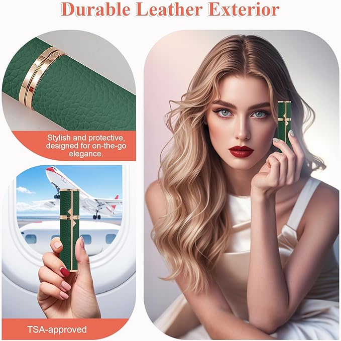 Refillable Travel Perfume Bottle – Fine Mist Atomizer, Bottom Fill, Genuine Leather Shell, TSA Approved, For Daily Refresh & Travel (Green, 10ml)