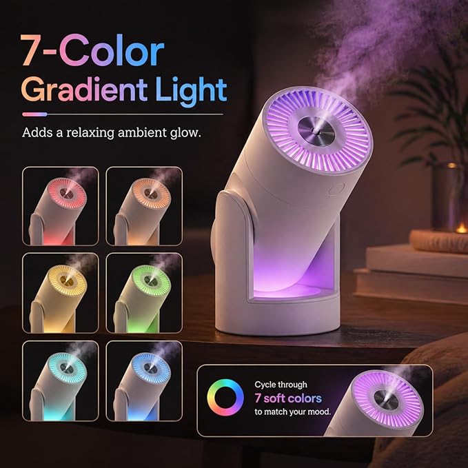 Portable Mini Humidifier, 2 Mist Modes, 220ml Cool Mist Rotation Humidifiers, USB Personal Desktop Humidifier for Bedroom, Office, Travel, Car, Colorful, Quiet Operation, White