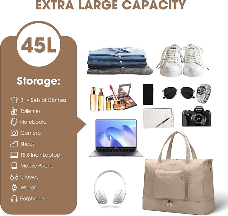 Women's Weekender bag Travel Duffel Bag with Shoe Compartment 21-inch Airline-Approved Carry-On, 2-Piece Overnight Bag Set Personal Item Luggage