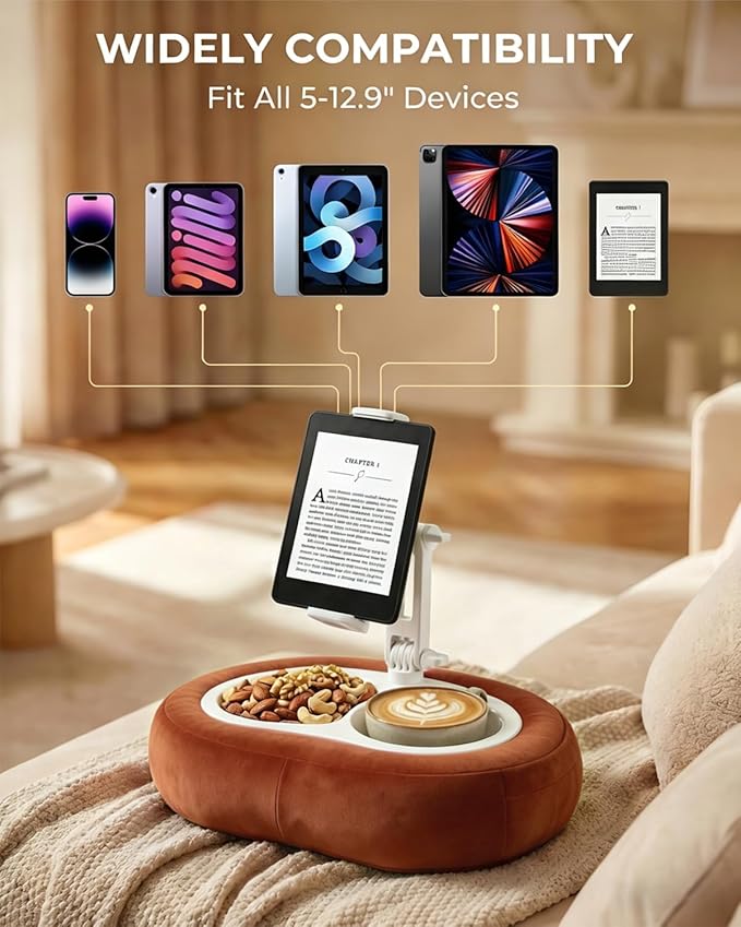 Miledi Tablet Pillow Stand, Compatible with 5"-12.9" Kindle, iPad, Phone/Tablet, 360° Rotating Phone Holder for Bed, Soft Plush Fabric, Detachable Bowl, Reading and Relaxation on Bed, Terracotta