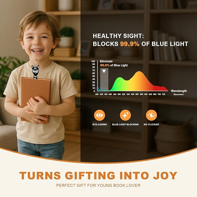 Rechargeable Kids Book Light, Cute Bookmark Reading Light for Kids, Dimmable Portable LED Book Light for Reading in Bed, Eye-Caring Bedtime Reading Lamp for Children & Travel, Black&Grey