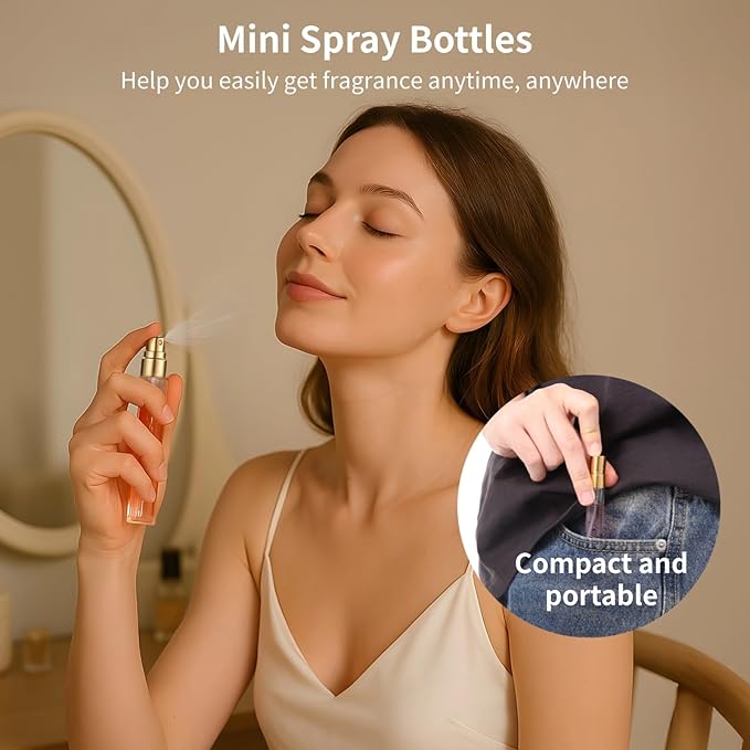 50 Pcs 10 ml Perfume Bottles - Refillable Glass Mini Spray Bottles, Portable Travel Sample Containers, Fine Mist Atomizers with Caps, Includes 2 Funnels and 2 Dispensers, Ideal for Liquids, Gold