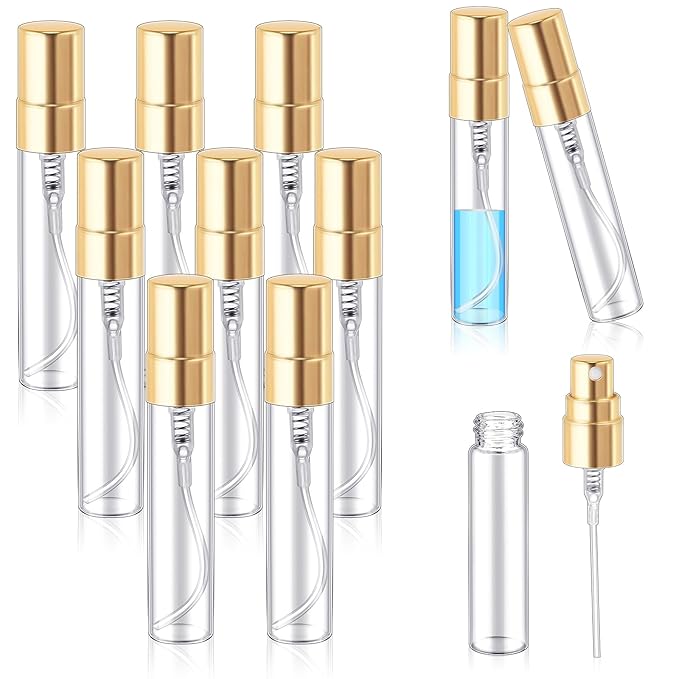 Zhehao 1 Pcs Mini Spray Bottles Clear Glass Perfume Bottles Refillable Fine Mist Perfume Atomizer Portable Empty Sample Containers for Cleaning, Essential Oils, Travel (Gold Cap,5 ml)